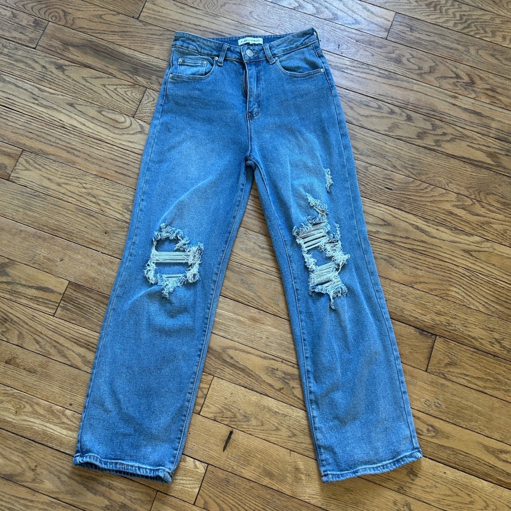 Almost Famous High Waisted Wide Leg Distressed Jeans Blue Size 7